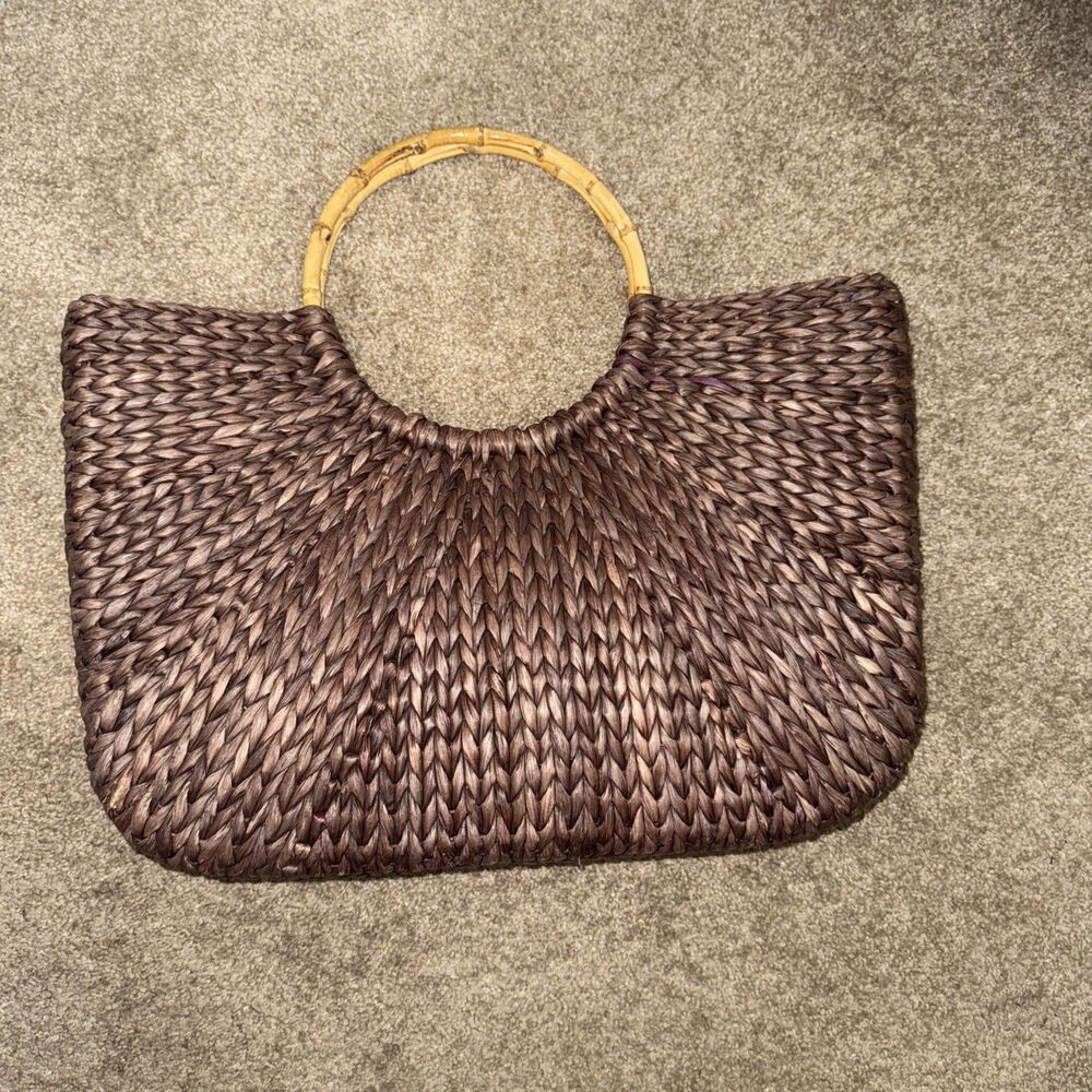 Gap Woven Straw Oversized Bag Tote Purse Wood Handles Beach Coastal